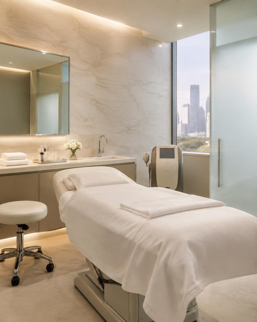 Warm, private treatment room with soft light and fresh linens